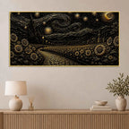 Dreamy Golden Starry Night Countryside Metallic Look 3D Canvas Wall Painting