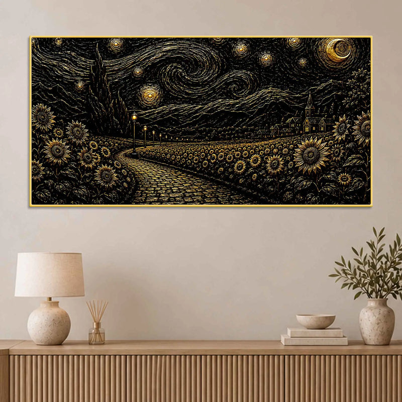 Dreamy Golden Starry Night Countryside Metallic Look 3D Canvas Wall Painting