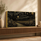 Dreamy Golden Starry Night Countryside Metallic Look 3D Canvas Wall Painting