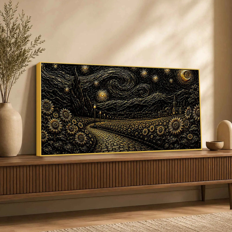 Dreamy Golden Starry Night Countryside Metallic Look 3D Canvas Wall Painting