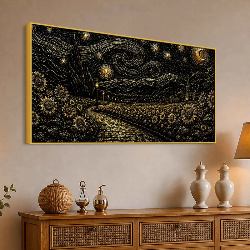 Dreamy Golden Starry Night Countryside Metallic Look 3D Canvas Wall Painting