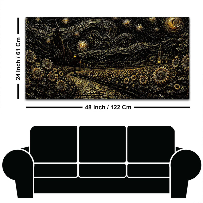 Dreamy Golden Starry Night Countryside Metallic Look 3D Canvas Wall Painting