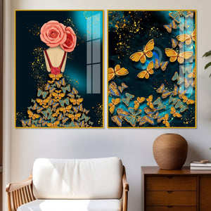 Dress of Golden Butterflies Acrylic Floating Wall Painting Set of 2