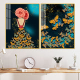 Dress of Golden Butterflies Acrylic Floating Wall Painting Set of 2