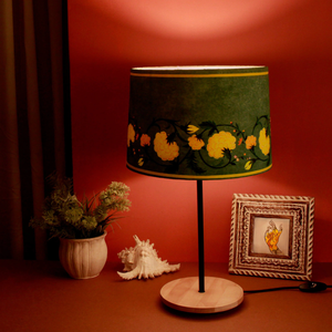 Drum Green Shaped Polyester Shade Table Lamp with Wood Base