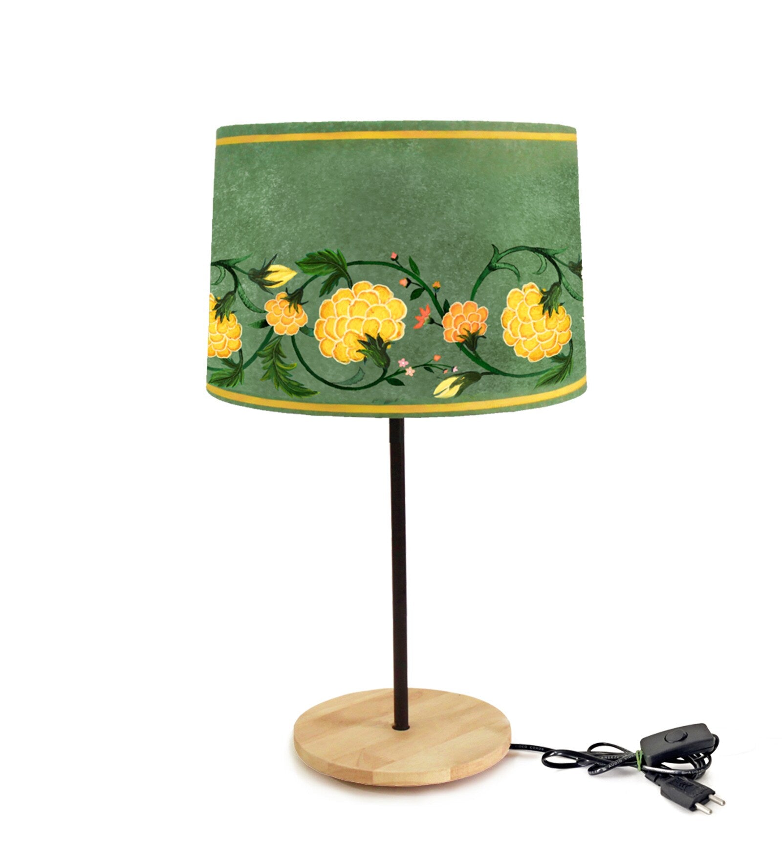 Drum Green Shaped Polyester Shade Table Lamp with Wood Base