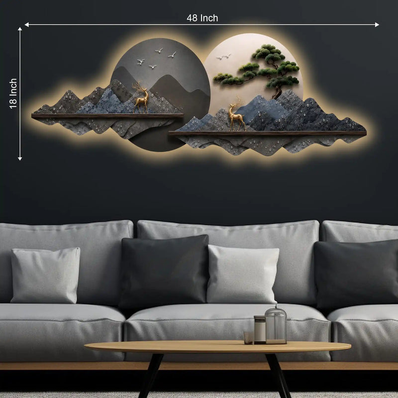 Dual Circle Mountain Landscape Premium Crystal Glass Backlit LED Painting