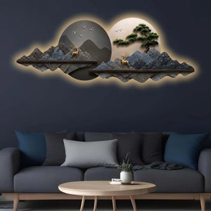 Dual Circle Mountain Landscape Premium Crystal Glass Backlit LED Wall Art