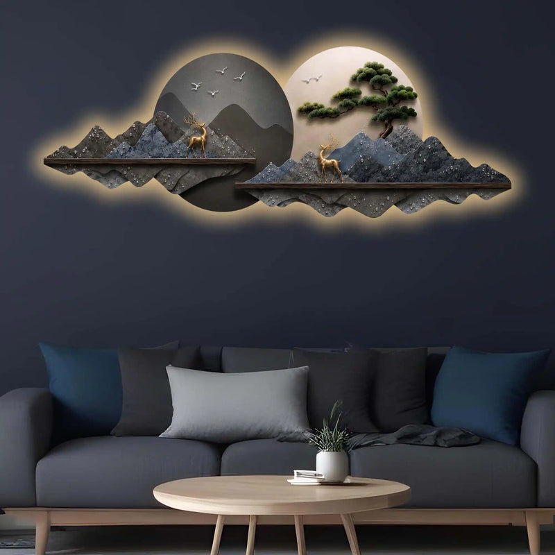 Dual Circle Mountain Landscape Premium Crystal Glass Backlit LED Wall Art
