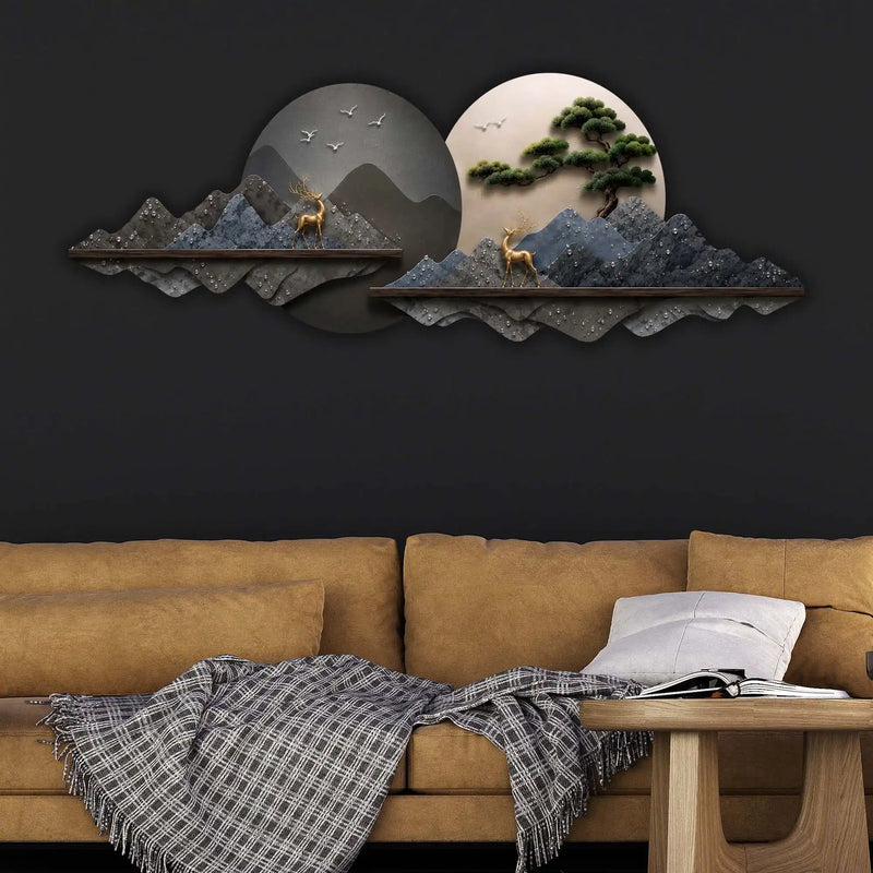 Dual Circle Mountain Landscape Premium Crystal Glass Backlit LED Wall Art