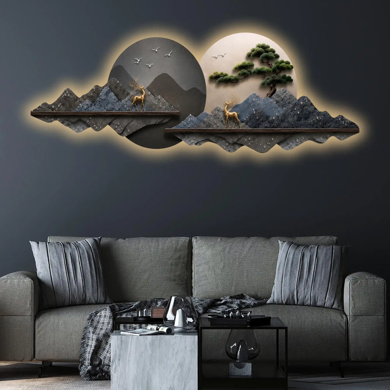 Dual Circle Mountain Landscape Premium Crystal Glass Backlit LED Wall Art