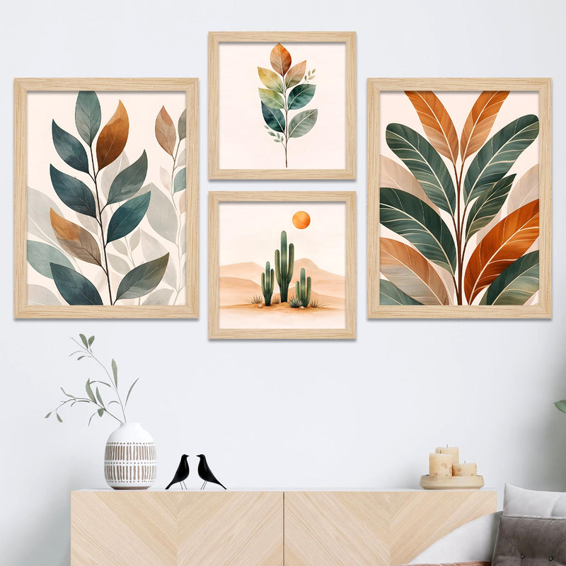 Earth Tone Minimal Art of Botanical Leaf Wall Frame Set of Four