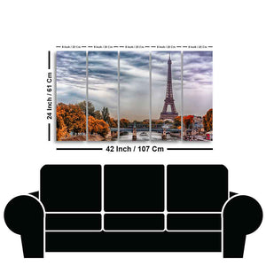 Eiffel Tower and Seine River Bedroom Wall Painting of Five Pieces