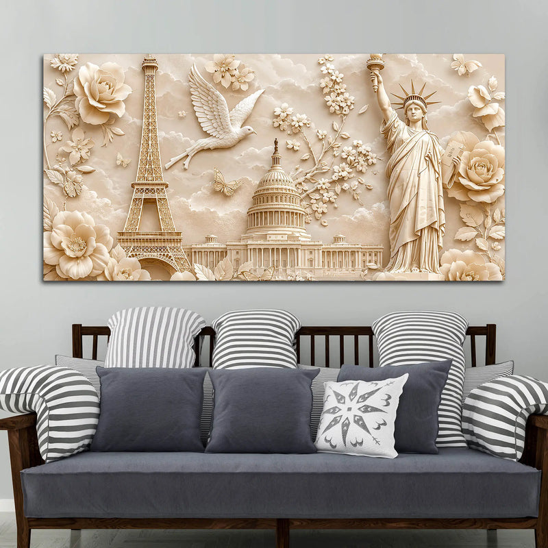 Eiffel Tower, Capitol & Statue of Liberty Luxury 3D Canvas Wall Painting