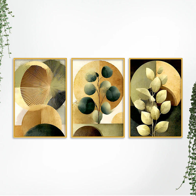 Elegant Abstract Leaf Canvas Wall Painting Set of Three for Bedroom