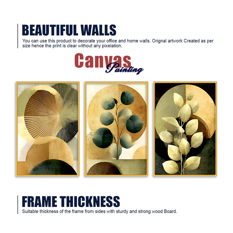 Elegant Abstract Leaf Canvas Wall Painting Set of Three for Bedroom