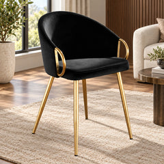 Elegant Black Accent Armchair with Rounded Back & Golden Legs