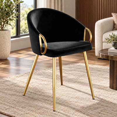 Elegant Black Accent Armchair with Rounded Back & Golden Legs