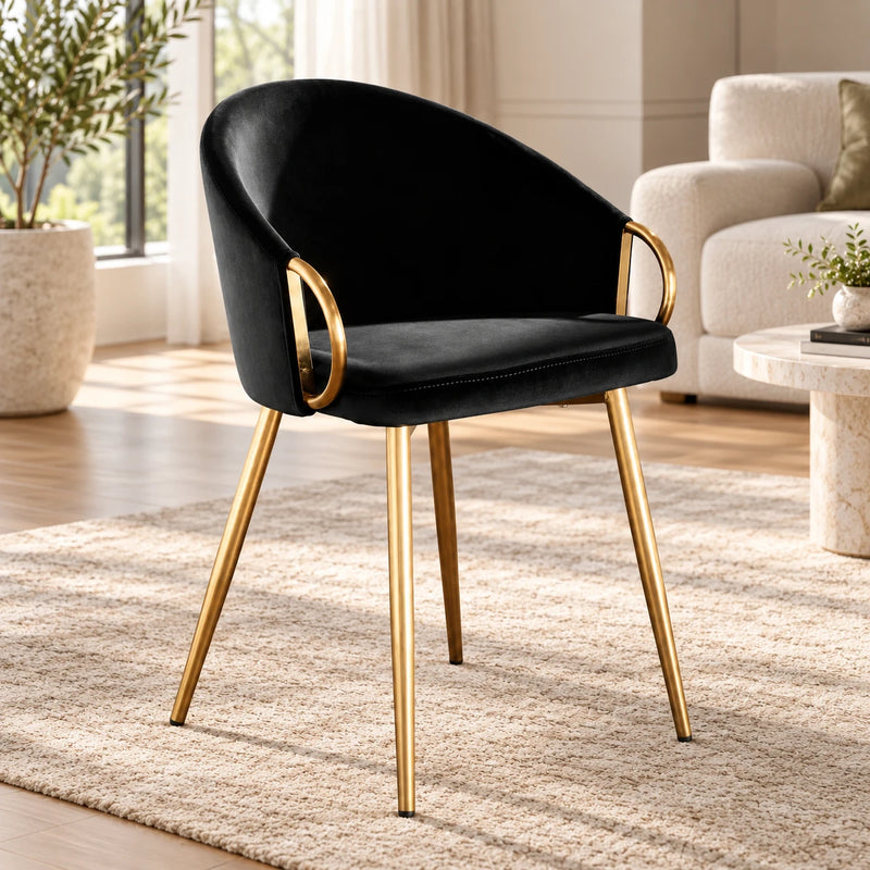 Elegant Black Accent Armchair with Rounded Back & Golden Legs