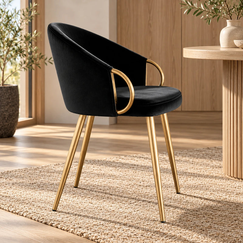 Elegant Black Accent Armchair with Rounded Back & Golden Legs