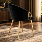 Elegant Black Accent Armchair with Rounded Back & Golden Legs