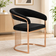 Elegant Black Velvet Accent Chair with Curved Back & Rose Gold Metal Frame