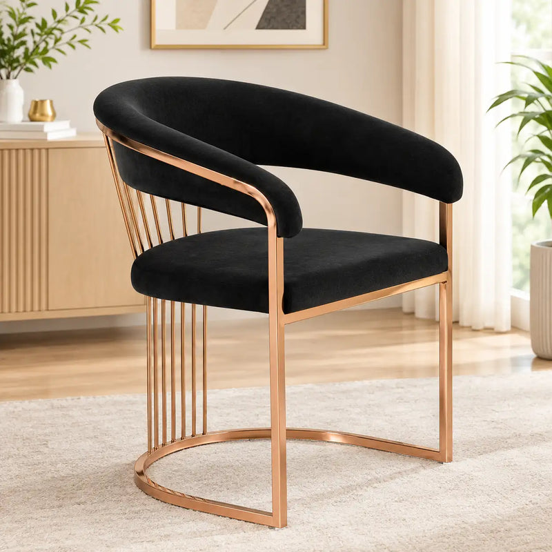 Elegant Black Velvet Accent Chair with Curved Back & Rose Gold Metal Frame