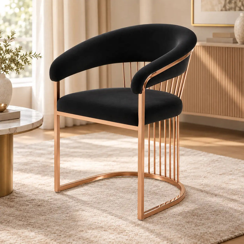 Elegant Black Velvet Accent Chair with Curved Back & Rose Gold Metal Frame