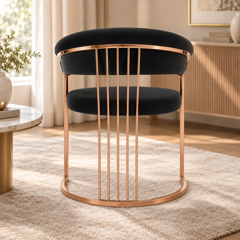 Elegant Black Velvet Accent Chair with Curved Back & Rose Gold Metal Frame