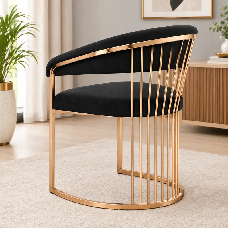 Elegant Black Velvet Accent Chair with Curved Back & Rose Gold Metal Frame