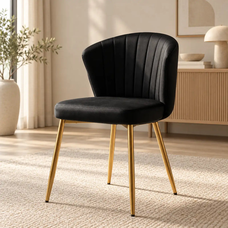Elegant Black Velvet Dining Chair with Channel Tufted Back & Golden Metal Legs