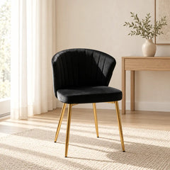 Elegant Black Velvet Dining Chair with Channel Tufted Back & Golden Metal Legs