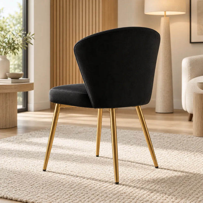 Elegant Black Velvet Dining Chair with Channel Tufted Back & Golden Metal Legs
