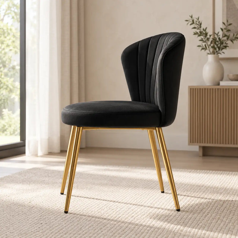 Elegant Black Velvet Dining Chair with Channel Tufted Back & Golden Metal Legs