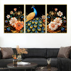 elegant-blue-peacock-with-golden-feathers-and-flowers-floating-frame-crystal-wall-painting-set-of-3