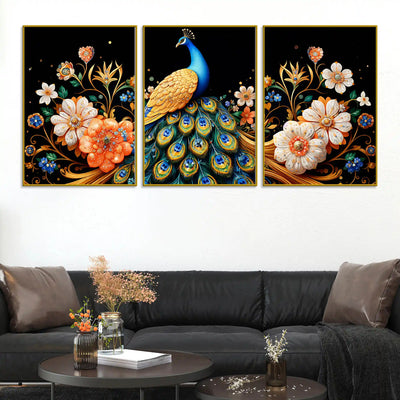 elegant-blue-peacock-with-golden-feathers-and-flowers-floating-frame-crystal-wall-painting-set-of-3