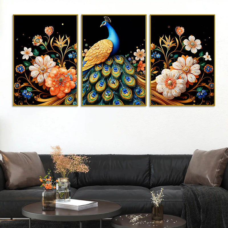 elegant-blue-peacock-with-golden-feathers-and-flowers-floating-frame-crystal-wall-painting-set-of-3