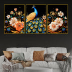 Elegant Blue Peacock with Golden Feathers and Flowers Floating Frame Crystal Wall Painting Set of 3