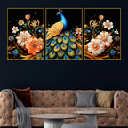Elegant Blue Peacock with Golden Feathers and Flowers Floating Frame Crystal Wall Painting Set of 3