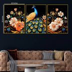 Elegant Blue Peacock with Golden Feathers and Flowers Floating Frame Crystal Wall Painting Set of 3