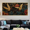 Elegant Crane Pair Over Ocean Waves Premium 3D Canvas Wall Painting