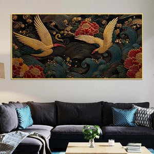 Elegant Crane Pair Over Ocean Waves Premium 3D Canvas Wall Painting