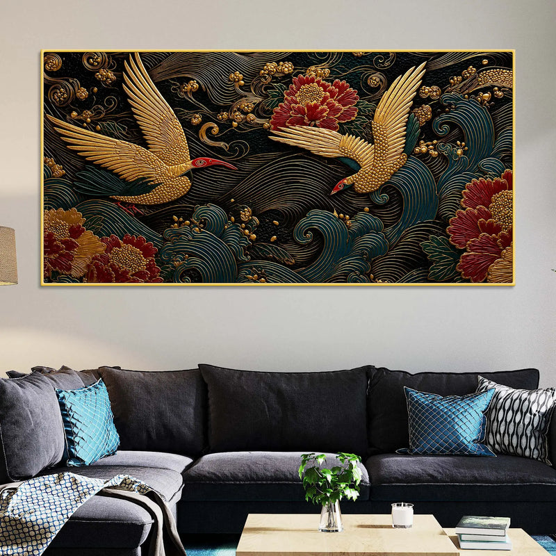 Elegant Crane Pair Over Ocean Waves Premium 3D Canvas Wall Painting