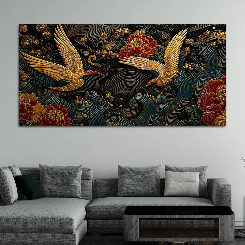Elegant Crane Pair Over Ocean Waves Premium 3D Canvas Wall Painting