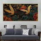 Elegant Crane Pair Over Ocean Waves Premium 3D Canvas Wall Painting