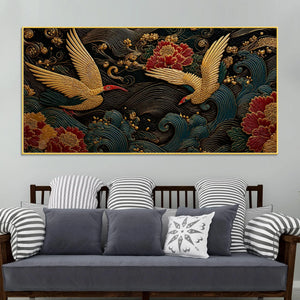 Elegant Crane Pair Over Ocean Waves Premium 3D Canvas Wall Painting