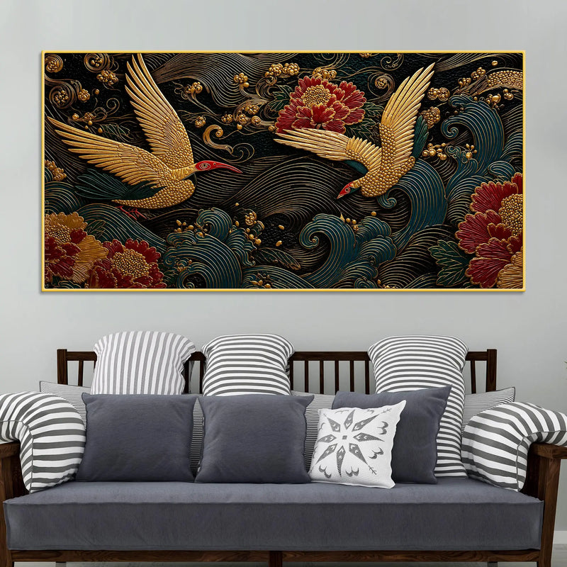 Elegant Crane Pair Over Ocean Waves Premium 3D Canvas Wall Painting
