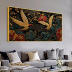 Elegant Crane Pair Over Ocean Waves Premium 3D Canvas Wall Painting