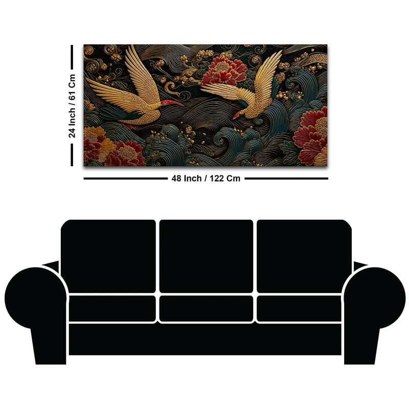 Elegant Crane Pair Over Ocean Waves Premium 3D Canvas Wall Painting