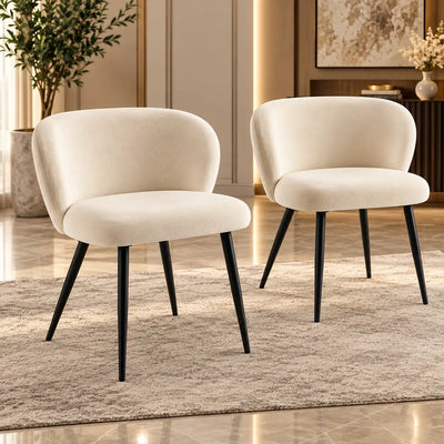 Elegant Cream Upholstered Accent Chair with Curved Backrest & Black Metal Legs